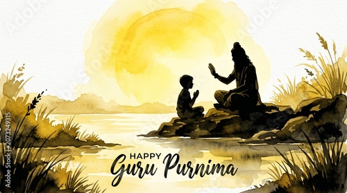 Watercolor illustration for guru purnima with a silhouette of guru with a disciple.