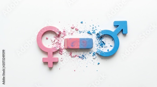 Conceptual Image of Eraser Removing Male Gender Symbol Next to Female Symbol
