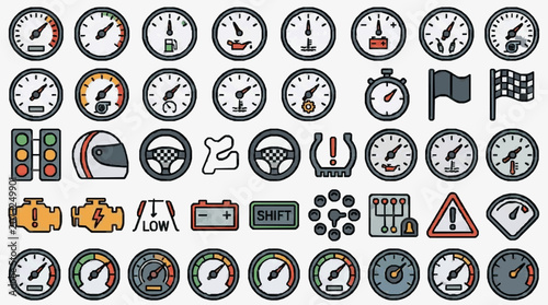 Professional Icons Set of Car Dashboard Gauges Warning Lights and Racing Flags for Vehicle Design