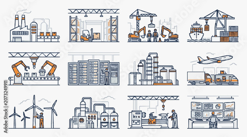 Minimalist Illustrations of Modern Industrial and Logistics Operations with Orange and Gray Color Scheme