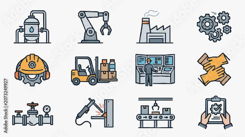 Industrial Showcasing Various Machinery Equipment and Automation Tools in Monochrome and Orange