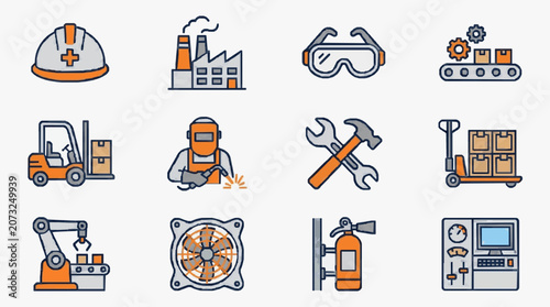 Modern Flat Icons Set Featuring Industrial Safety Manufacturing and Warehouse Equipment in Orange and Gray