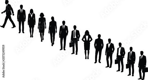 Bild auf Leinwand Black silhouette figures walking in a row on light gray background black silhoue