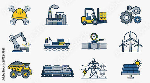 Professional Icons Set Featuring Industrial Machinery Safety Gear Energy and Transportation Equipment in Yellow Gray and Blue