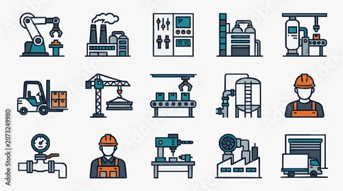 Creative Colorful Flat Icons Set Featuring Industrial Machinery Factory Equipment and Workers in Safety Gear