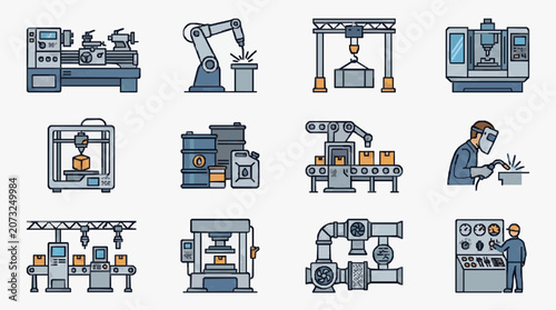 Dynamic Illustrated Guide to Modern Manufacturing and Industrial Machinery Processes with high quality professional line art symbols for modern creative design and digital branding projects