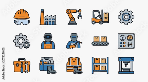 Clean Minimalist Illustrations of Industrial Safety Machinery and Manufacturing Equipment in Orange and Blue