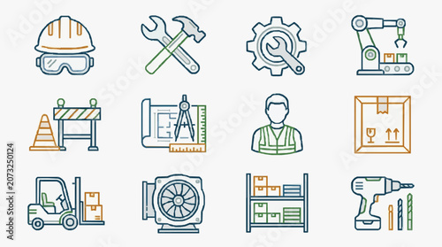 Corporate Set of Diverse Construction and Industrial Safety Equipment Icons with Colorful Line Art