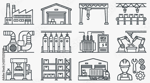 Sleek Black and White Line Icons Set Featuring Industrial Machinery Warehouse Equipment and Factory Elements