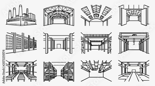 Professional Black and White Line Drawing Collection of Industrial and Modern Architectural Structures
