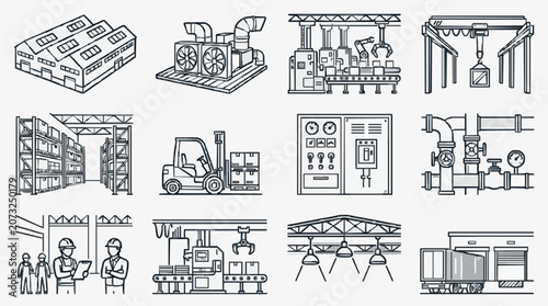 Professional Black and White Line Drawing Set of Industrial and Factory Equipment Machinery and Workplace Scenes