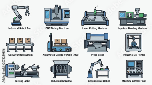 Industrial Automation Equipment Showcasing Modern Manufacturing Machines in Simple Line Art with high quality professional line art symbols for modern creative design and digital branding projects