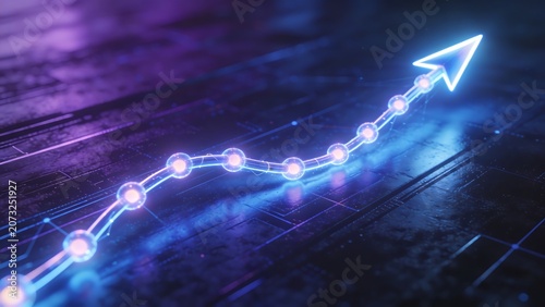 Obraz na płótnie Neon arrow charting a progressive path on a digital circuit board background symbolizing growth.