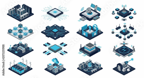 Isometric Technology and Data Center Network Illustration.