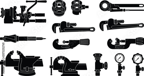 Φωτογραφία Professional plumbing and manual pipe threading tools icons set with industrial