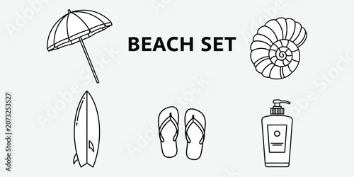 Beach vacation elements including surfboard umbrella flip-flops seashell pump bottle in simple silhouette style