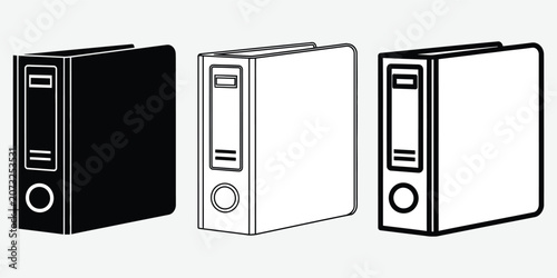Black and white binder silhouettes on a light background representing organization and data storage