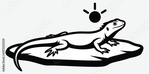 Bearded Dragon silhouette basking on a rock under a sun symbol vector graphic
