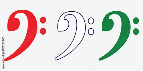 Bass Clef Symbols in Red Green and Outline on Gray Background Vector Silhouette