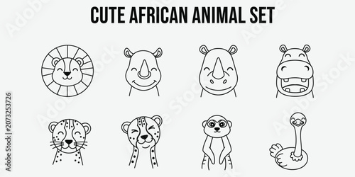 Cute African Animal Faces Collection in Simple Line Art Vector Silhouette Style
