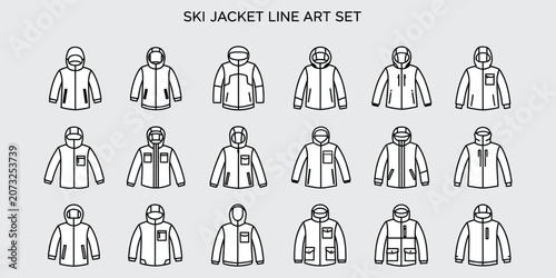 Collection of ski jacket outlines in a simple vector silhouette style on a gray background

