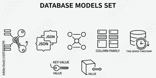 Database models set with relational graph JSON column family and time series concepts in minimalist vector silhouette style
