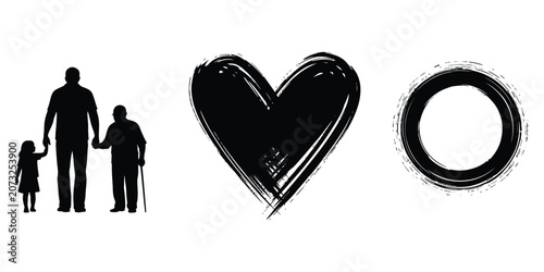 Generations holding hands with a heart and circle symbol in silhouette style
