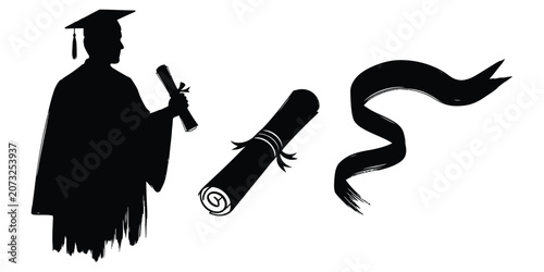 Graduate holding diploma with scroll and ribbon during commencement ceremony vector silhouette
