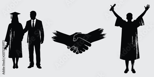 Graduation couple handshake and celebration silhouette vector on gray background
