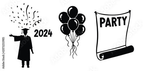 Graduation cap diploma and books with balloons and party banner vector silhouette
