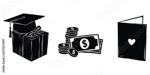 Graduation gift with money and greeting card in silhouette against white background concept
