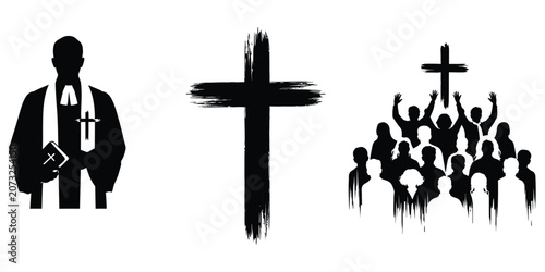 Pastor leading congregation with cross during worship service concept of faith and community vector silhouette
