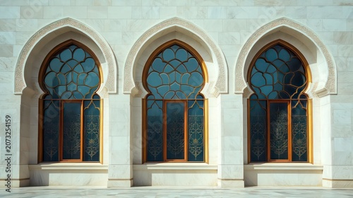 A photograph of three large arched windows on the side wall of an Arabic mosque