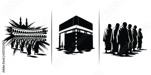 Pilgrims in Ihram performing Hajj around Kaaba with mosque silhouette during daytime vector
