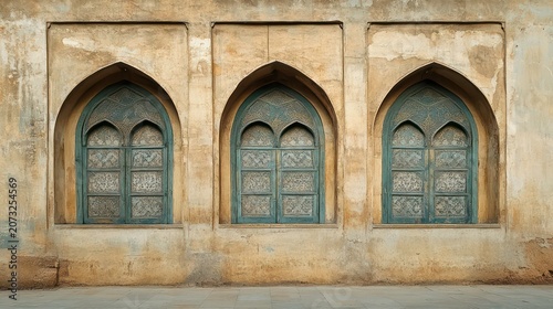 A photograph of three large arched windows on the side wall of an Arabic mosque