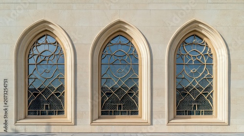 A photograph of three large arched windows on the side wall of an Arabic mosque