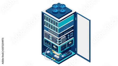 Modern Data Center Server Rack with Open Door.