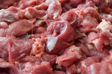 piles of raw and fresh lamb or goat meat obtained during Eid al-Adha in Indonesia.