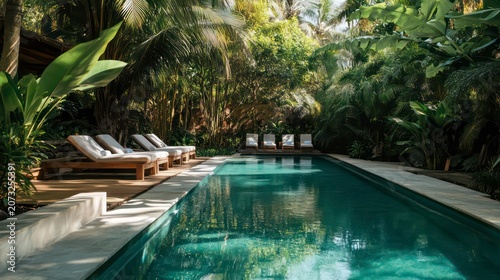 A serene poolside scene with loungers and lush tropical foliage.