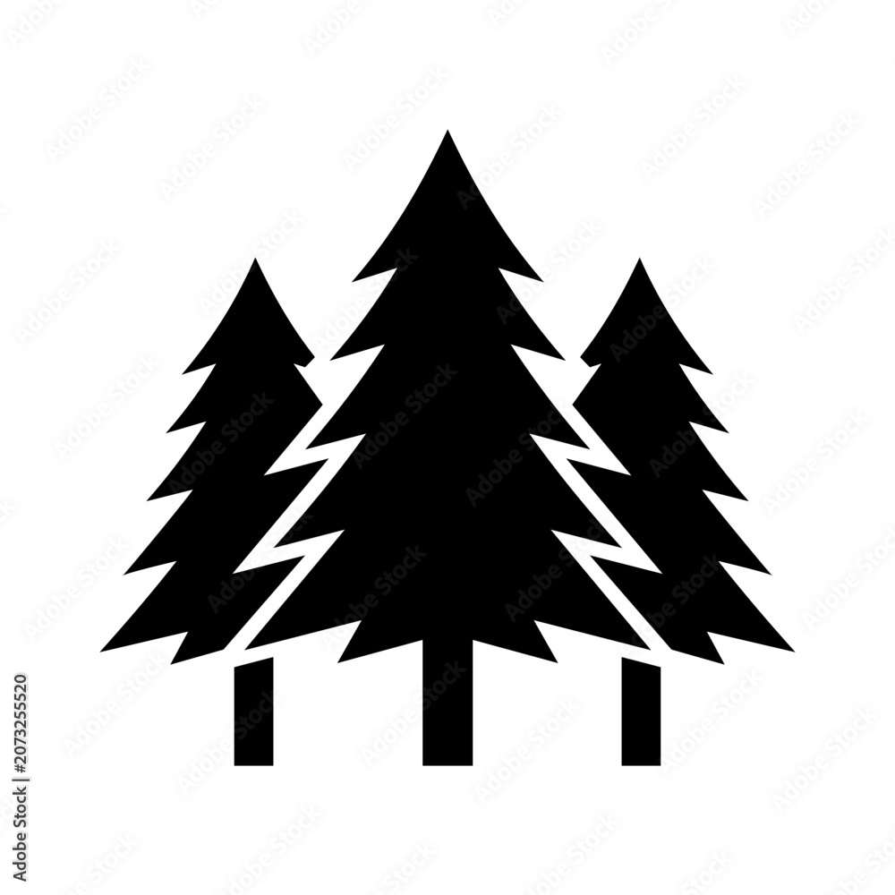 Obraz premium Minimalist evergreen pine tree forest silhouette icon design, black nature woodland vector symbol for outdoor environment, eco‑friendly logo illustration