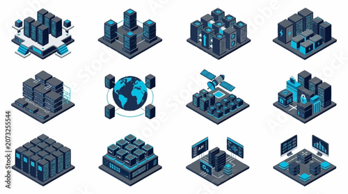 Isometric cityscape with futuristic technology and global connectivity.