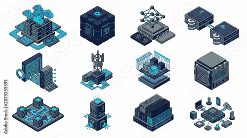 Isometric Technology Data Center Buildings and Servers.