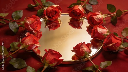 Red roses with gold glitter arranged around round mirror on crimson fabric background today.