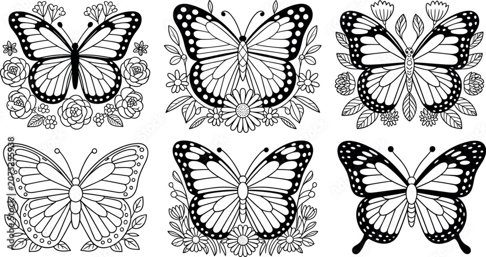 Fototapeta premium Collection of decorative butterfly and flower illustrations in black and white line art style for coloring book vector set