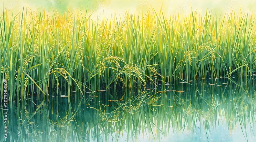 Fototapeta premium Green rice plants growing in flooded paddy field with watercolor wash background natural agriculture concept