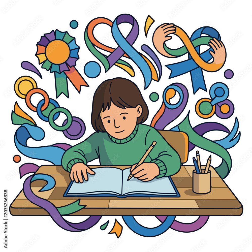 Fototapeta premium Young caucasian girl with short hair sitting at desk and writing with pencil in notebook against abstract background with ribbons and award badge primary school education concept