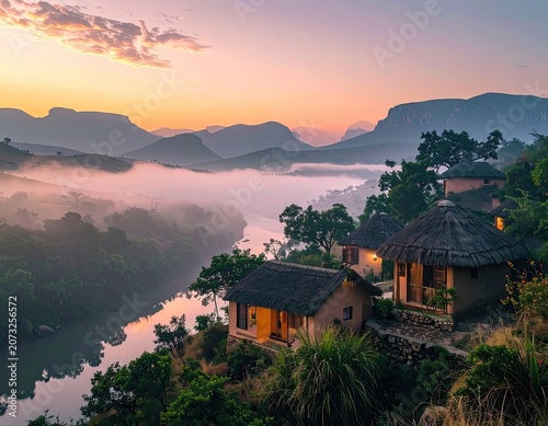 Scenic African landscape with traditional huts overlooking a misty river valley at sunrise.
