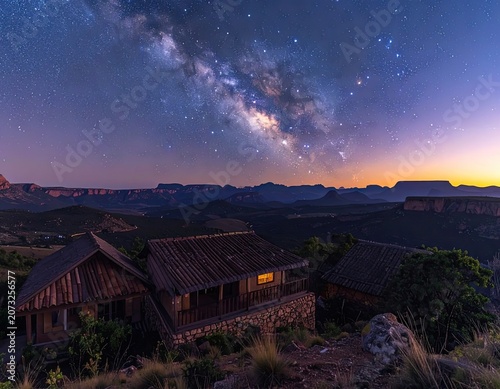Picturesque cottages nestled under the Milky Way galaxy in a mountainous landscape.