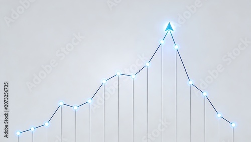 Abstract graph with blue line and glowing dots depicting upward trend then decline, white background.