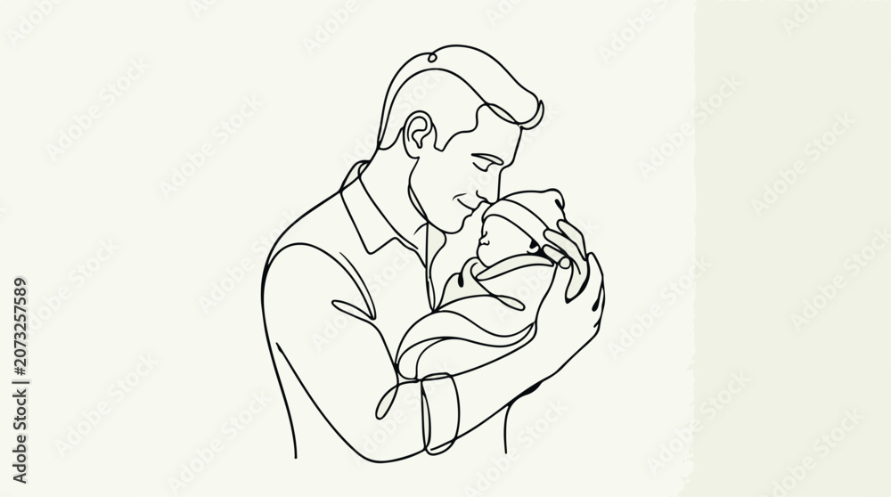 Fototapeta premium Continuous line drawing, father holding baby, minimalist illustration, family love concept, black line art